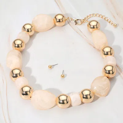 Fashnzfab Chunky Resin Pebble Metal Ball Beaded Statement Necklace - Ivory In Silver