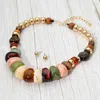 Fashnzfab Chunky Resin Pebble Wooden Beaded Statement Necklace - Gold, Multi In Multi