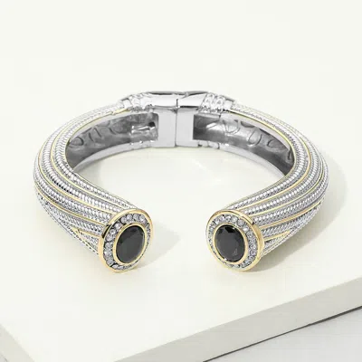 Fashnzfab Chunky Round Cz Tip Accent Textured Hinged Cuff Bracelet In Silver