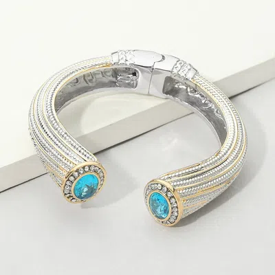 Fashnzfab Chunky Round Cz Tip Accent Textured Hinged Cuff Bracelet In Silver
