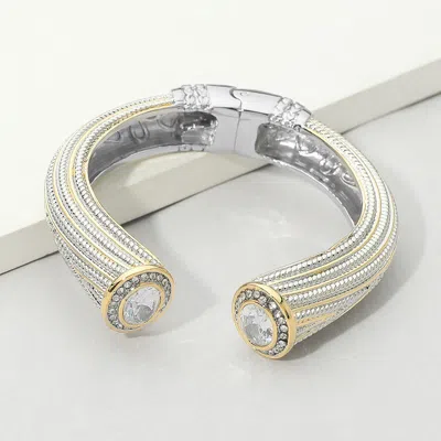 Fashnzfab Chunky Round Cz Tip Accent Textured Hinged Cuff Bracelet In Multi