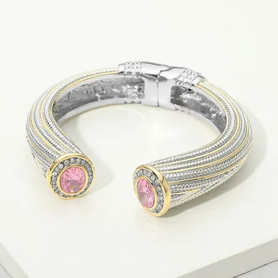 Fashnzfab Chunky Round Cz Tip Accent Textured Hinged Cuff Bracelet In Multi