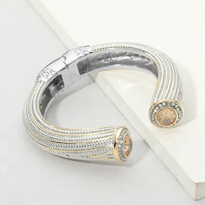 Fashnzfab Chunky Round Cz Tip Accent Textured Hinged Cuff Bracelet In Silver