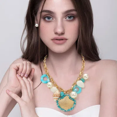 Fashnzfab Chunky Sea Shell Pearl Charm Statement Necklace In Gold