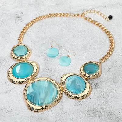 Fashnzfab Chunky Sparkled Celluloid Acetate Round Plate Link Statement Necklace In Blue