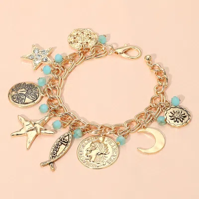 Fashnzfab Chunky Star Crescent Moon Coin Blessed Religious Fish Charm Statin Bracelet In Gold