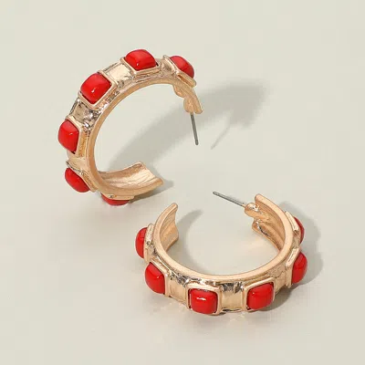 Fashnzfab Chunky Stone Embellished Hoop Earrings In Red