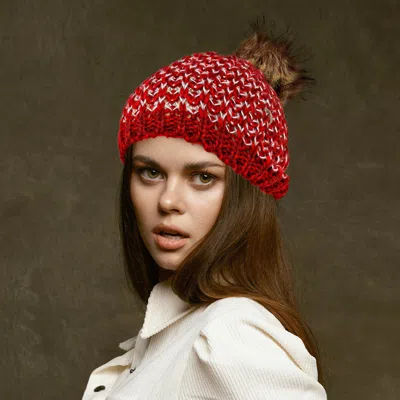 Fashnzfab Chunky Two Tone Knit Pom Pom Beanie Hat In Red