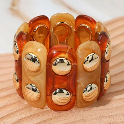 Fashnzfab Chunky Wide Marbled Resin Dome Stretch Bracelet - Brown, Gold, Multi In Silver