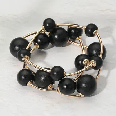 Fashnzfab Chunky Wood Ball Metal Bar Beaded Stretch Multi Layered Bracelets Black, Gold