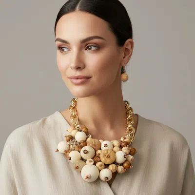 Fashnzfab Chunky Wooden Ball Beaded Statement Necklace In Gold