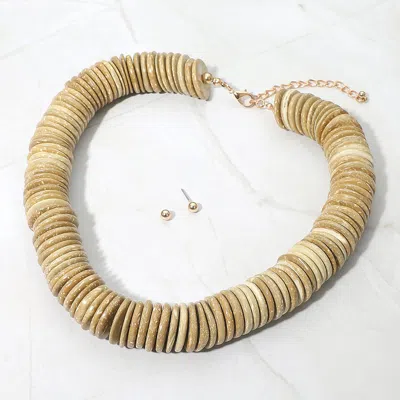 Fashnzfab Chunky Wooden Disc Beaded Statement Necklace In Sand