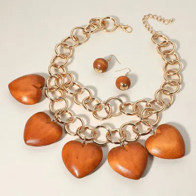 Fashnzfab Chunky Wooden Heart Charm Station Layered Chain Necklace In Gold