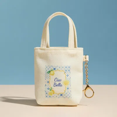 Fashnzfab Ciao Bella Lemon Print Keychain Mini Tote Bag In Yellow