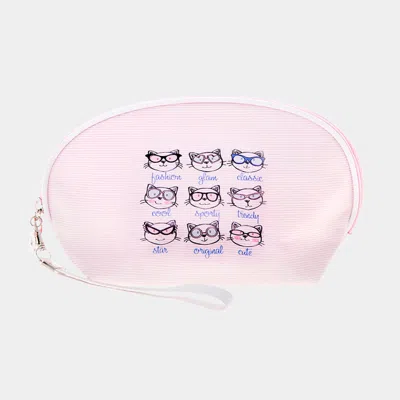 Fashnzfab City Style Stripes Cats Print Zipper Pouch Bag In Pink