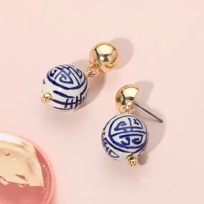 Fashnzfab Classic Motif Printed Ceramic Ball Dangle Earrings - Blue, Gold In Multi
