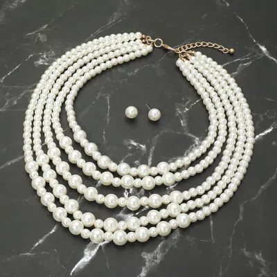 Fashnzfab Classic Pearl Beaded Multi Strand Statement Necklace In White