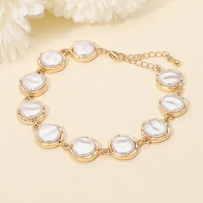 Fashnzfab Classic Pearl Disc Cluster Link Bracelet - Cream, Gold In Multi