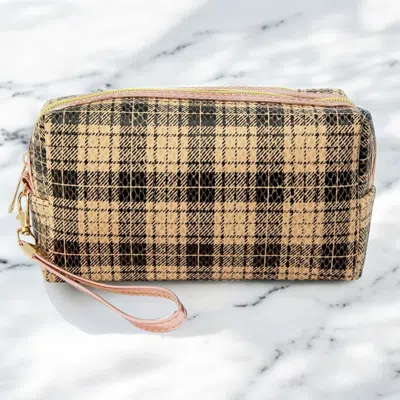 Fashnzfab Classic Plaid Check Patterned Wristlet Cosmetic Pouch Bag In Sand