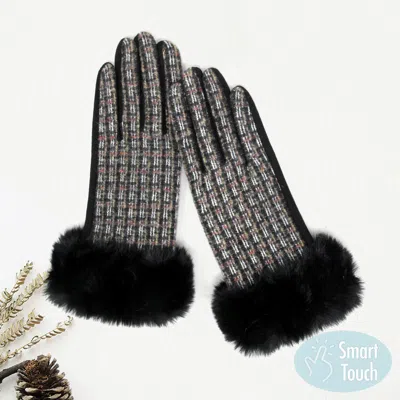 Fashnzfab Classic Tweed Faux Fur Cuff Trim Smart Gloves In Black