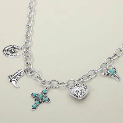 Fashnzfab Classic Western Silver Tone Charm Necklace In Blue