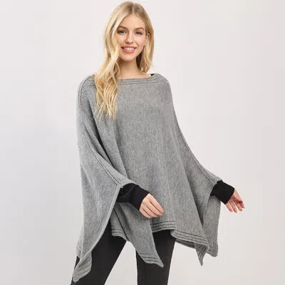 Fashnzfab Clean Edge Wide Sleeves Solid Knit Poncho In Gray