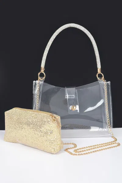 Fashnzfab Clear Small Hobo Bag W/rhinestone Handle In Gold