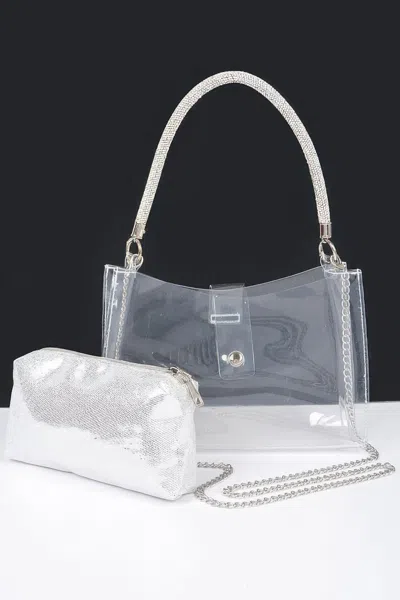 Fashnzfab Clear Small Hobo Bag W/rhinestone Handle In Silver