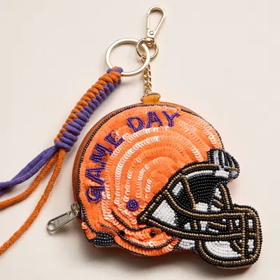 Fashnzfab Clemson Game Day Football Helmet Sequin Seed Beaded Knot Keychain Mini Pouch Bag In Multi
