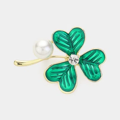 Fashnzfab Clover Pearl Pin Brooch In Green