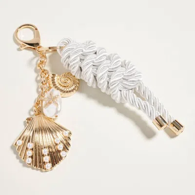 Fashnzfab Coastal Pearl Pave Shell Charm Drop Braided Cord Bag Charm Keychain In Gold
