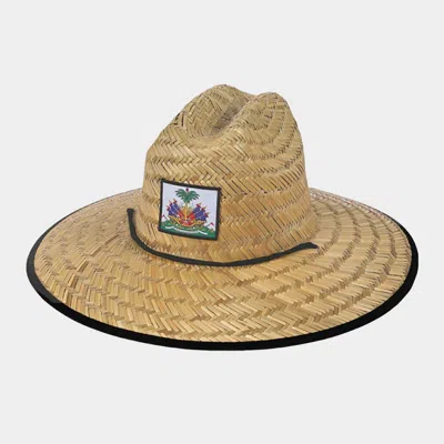 Fashnzfab Coat Of Arms Of Haiti (national Emblem Of Haiti) Accented Straw Panama Sun Hat In Brown