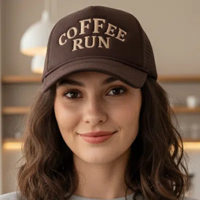 Fashnzfab Coffee Run Embroidered Mesh Back Trucker Cap In Brown