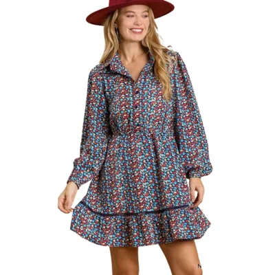Fashnzfab Collared Neckline Button Down Floral Print Dress With Crochet Trimmed Details In Blue