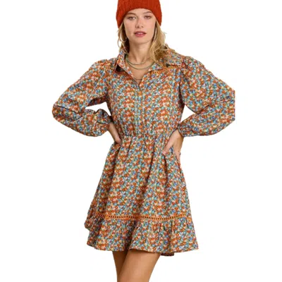 Fashnzfab Collared Neckline Button Down Floral Print Dress With Crochet Trimmed Details In Orange