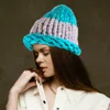Fashnzfab Color Block Big Loop Yarn Knit Beanie Hat In Blue