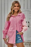 Fashnzfab Color Block Button Down Cuffed Sleeves Blouse