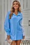Fashnzfab Color Block Button Down Cuffed Sleeves Blouse
