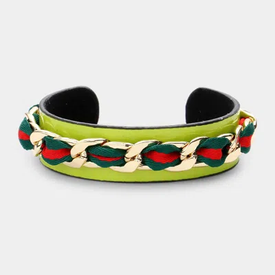 Fashnzfab Color Block Fabric Metal Chain Cuff Bracelet Green