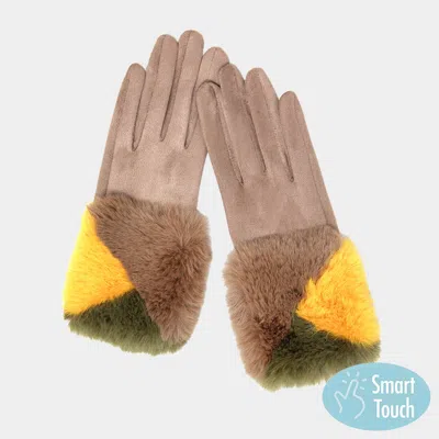 Fashnzfab Color Block Faux Fur Cuff Accented Soft Suede Smart Gloves In Brown