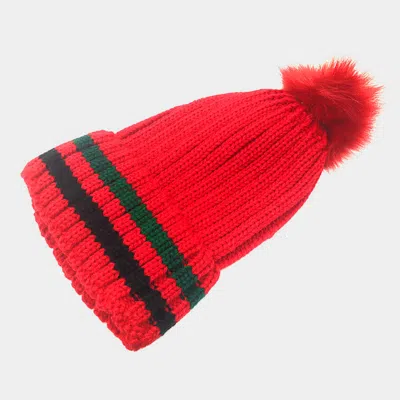 Fashnzfab Color Block Knit Pom Pom Beanie Hat In Red