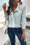 Fashnzfab Colorblock Guipure Lace Insert Button Front Shirt