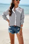 Fashnzfab Colorblock Guipure Lace Insert Button Front Shirt