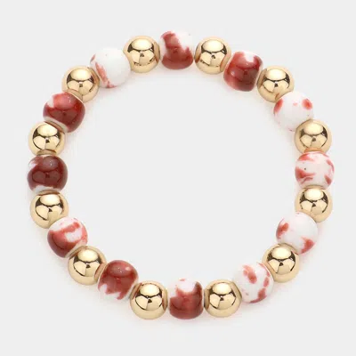 Fashnzfab Colored Bead Accented Metal Ball Stretch Bracelet Burgundy In White