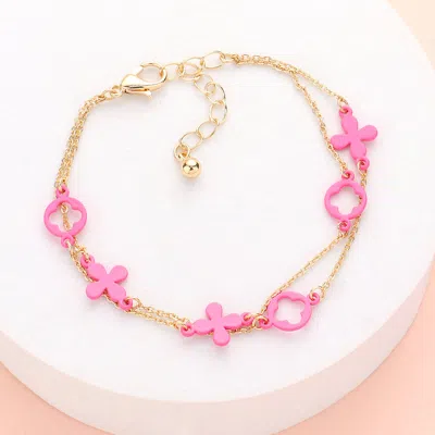 Fashnzfab Colored Flower Crisscross Station Double Layered Bracelet Fuchsia In Gold