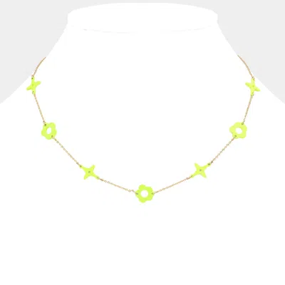 Fashnzfab Colored Flower Crisscross Station Necklace In Green