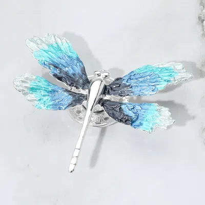 Fashnzfab Colored Metal Dragonfly Magnetic Brooch 3.5" X 3.25" In Blue
