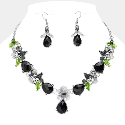 Fashnzfab Colored Metal Flower Leaf Teardrop Stone Bib Necklace In Black