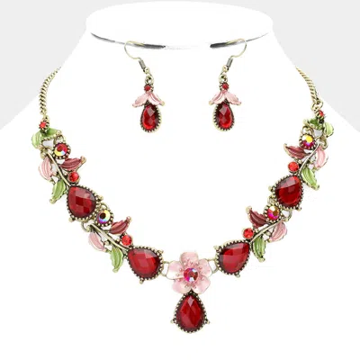 Fashnzfab Colored Metal Flower Leaf Teardrop Stone Bib Necklace In Multi