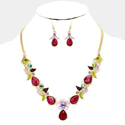 Fashnzfab Colored Metal Flower Leaf Teardrop Stone Bib Necklace In Multi